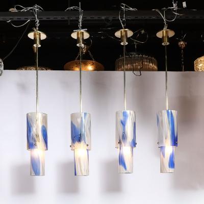  Venini Set of 4 Mid Century Blue White Murano Glass Cylindrical Pendants by Venini
