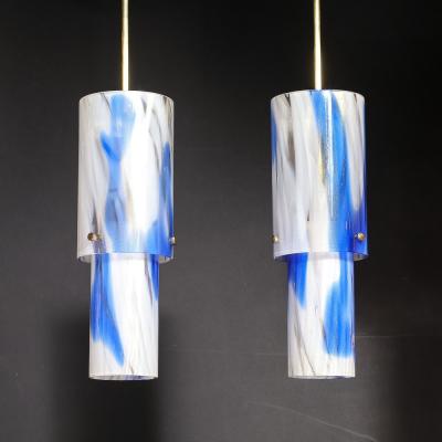  Venini Set of 4 Mid Century Blue White Murano Glass Cylindrical Pendants by Venini