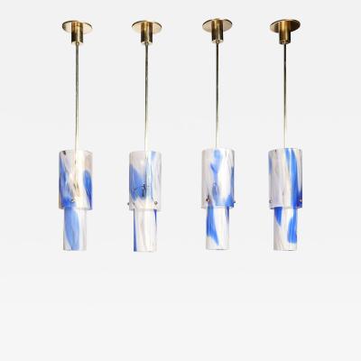  Venini Set of 4 Mid Century Blue White Murano Glass Cylindrical Pendants by Venini