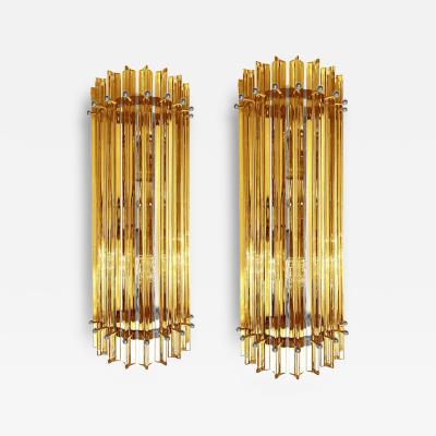  Venini Set of Two Contemporary Amber Triedro Murano Glass Wall Sconce in Venini Style