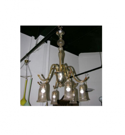  Venini Six Arm Amber Blown Glass Napoleone Martinuzzi Chandelier by Venini 1930 Italy