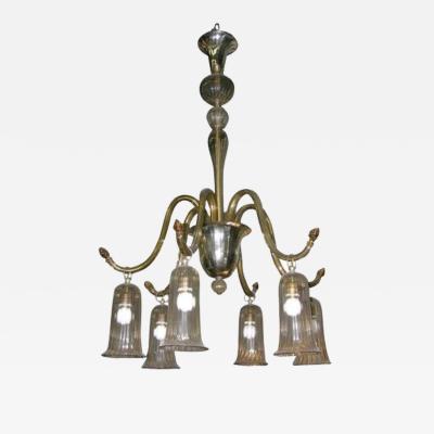  Venini Six Arm Amber Blown Glass Napoleone Martinuzzi Chandelier by Venini 1930 Italy