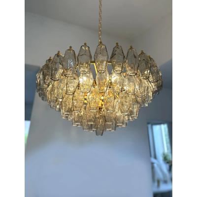  Venini Styled After Venini Smoked Fum Poliedri Murano Glass Gold Chandelier
