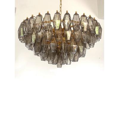  Venini Styled After Venini Smoked Fum Poliedri Murano Glass Gold Chandelier