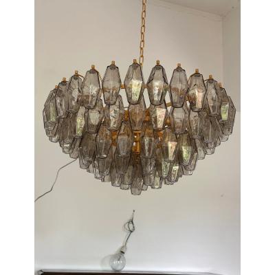  Venini Styled After Venini Smoked Fum Poliedri Murano Glass Gold Chandelier