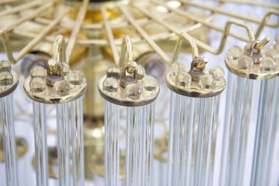  Venini Two Tier Glass and Brass Chandelier in the Manner of Venini
