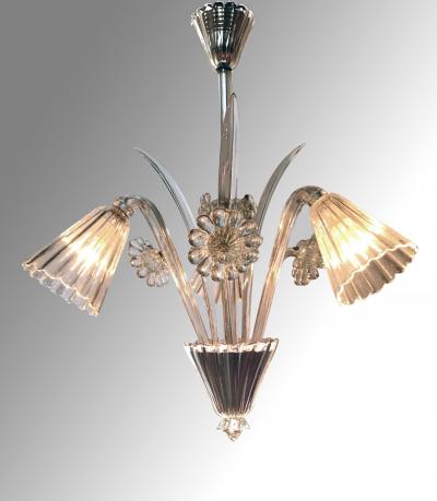  Venini Venini Italian Murano 1950s Three light Clear Glass Chandelier