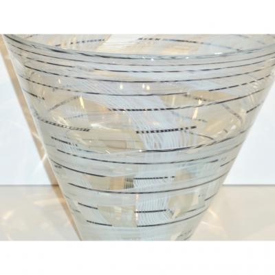  Venini Vintage Venini Pair of Crystal Murano Glass Vases with Black and White Murrine