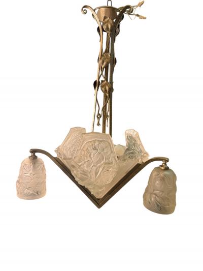  Verdun FRENCH ART DECO FULL BLOOM ROSES CAST GLASS SLIP SHADE WROUGHT IRON CHANDELIER