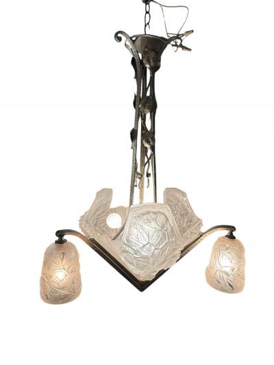  Verdun FRENCH ART DECO FULL BLOOM ROSES CAST GLASS SLIP SHADE WROUGHT IRON CHANDELIER