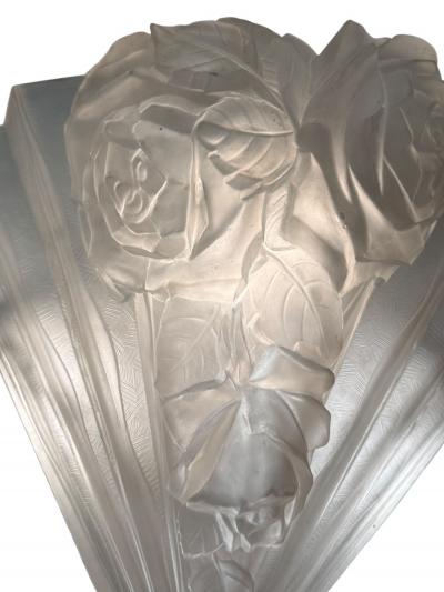  Verdun FRENCH ART DECO FULL BLOOM ROSES CAST GLASS SLIP SHADE WROUGHT IRON CHANDELIER