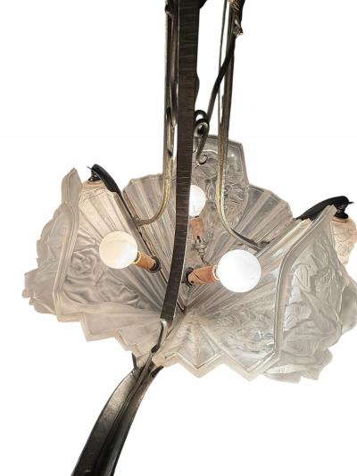  Verdun FRENCH ART DECO FULL BLOOM ROSES CAST GLASS SLIP SHADE WROUGHT IRON CHANDELIER