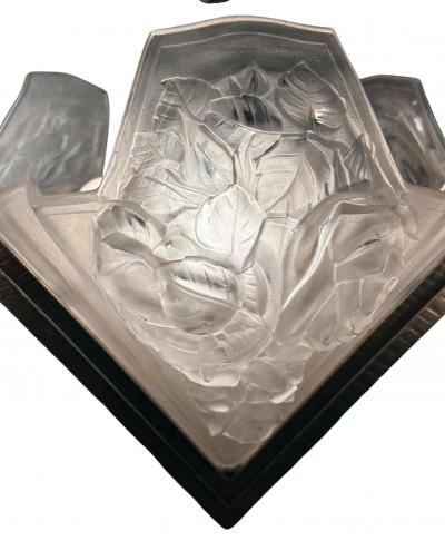  Verdun FRENCH ART DECO FULL BLOOM ROSES CAST GLASS SLIP SHADE WROUGHT IRON CHANDELIER