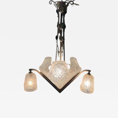  Verdun FRENCH ART DECO FULL BLOOM ROSES CAST GLASS SLIP SHADE WROUGHT IRON CHANDELIER