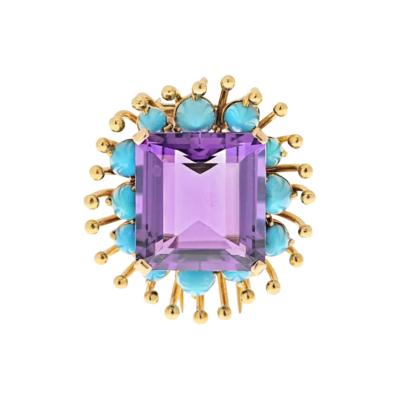  Verdura VERDURA 18K YELLOW GOLD FRENCH TURQUOISE AMETHYST BROOCH