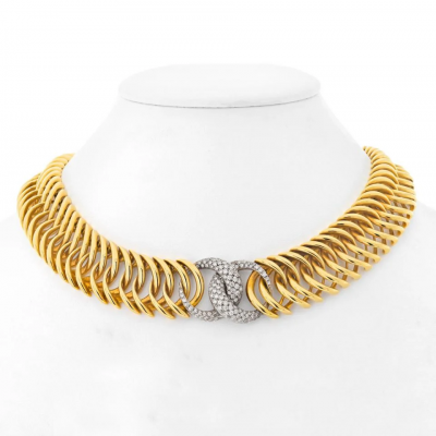  Verdura Verdura 18K Yellow Gold Double Crescent Pave Diamond Link Necklace