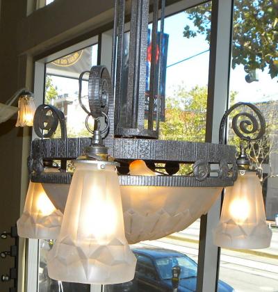  Verrerie d Art Degu Degu French Art Deco Iron Chandelier