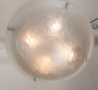  Verrerie d Art Degu High Style Art Deco Relief Cubist Geometric Frosted Glass Chandelier by Degue