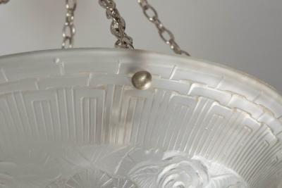  Verrerie d Art Degu High Style Art Deco Relief Cubist Geometric Frosted Glass Chandelier by Degue