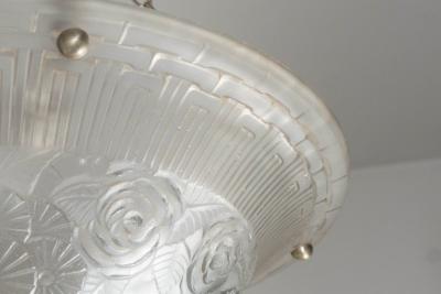  Verrerie d Art Degu High Style Art Deco Relief Cubist Geometric Frosted Glass Chandelier by Degue