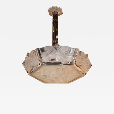  Verrerie d Art Degu Signed Art Deco Cubist Frosted Glass and Nickeled Bronze Chandelier by Degu 