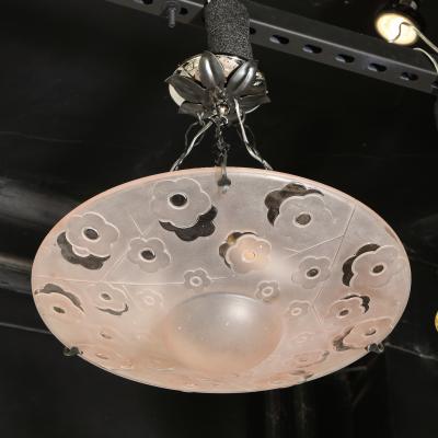  Verrerie d Art Degu Signed Degu Art Deco Cubist Rose Chandelier w Oil Rubbed Bronze Fittings