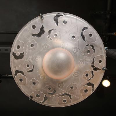  Verrerie d Art Degu Signed Degu Art Deco Cubist Rose Chandelier w Oil Rubbed Bronze Fittings