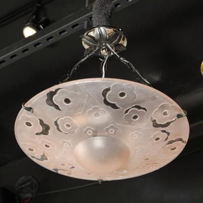  Verrerie d Art Degu Signed Degu Art Deco Cubist Rose Chandelier w Oil Rubbed Bronze Fittings