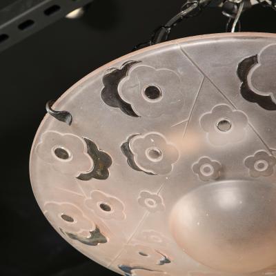  Verrerie d Art Degu Signed Degu Art Deco Cubist Rose Chandelier w Oil Rubbed Bronze Fittings