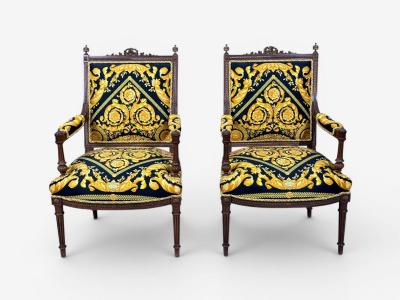  Versace Gianni Versace Fabric Louis XVI Style Armchairs Walnut France 20th c 