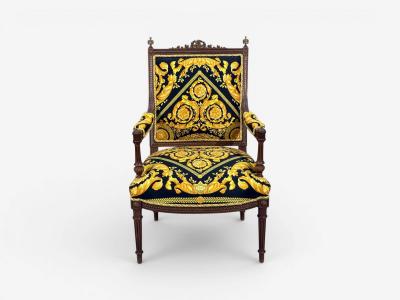  Versace Gianni Versace Fabric Louis XVI Style Armchairs Walnut France 20th c 