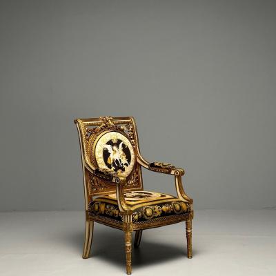  Versace Louis XVI French Arm Chair Versace Fabric Giltwood France 1960s