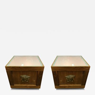  Versace MODERN ILLUMINATED PAIR OF WOOD GLASS AND GILT MEDUSA INTAGLIO TABLES