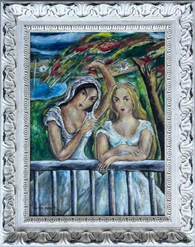  Victor Manuel Cuban Artist Victor Manuel Oil Painting of Two Women on a Balcony