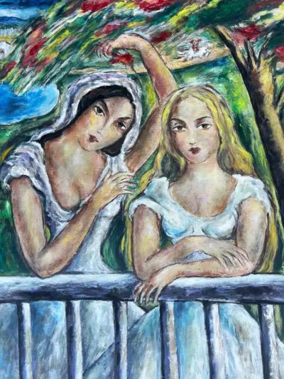  Victor Manuel Cuban Artist Victor Manuel Oil Painting of Two Women on a Balcony