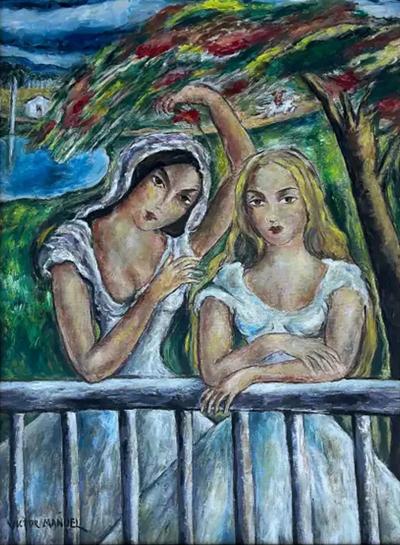  Victor Manuel Cuban Artist Victor Manuel Oil Painting of Two Women on a Balcony
