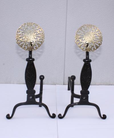  Virginia Metalcrafters VMC Virginia Metal crafters Iron With Brass Medallions Andirons