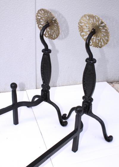  Virginia Metalcrafters VMC Virginia Metal crafters Iron With Brass Medallions Andirons