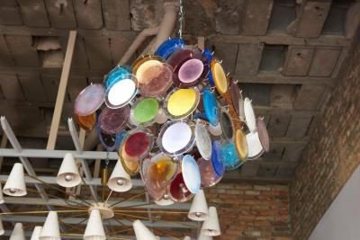 Vistosi 1 of 2 Large Multi Color Murano Glass Disk Chandelier Attributed to Vistosi