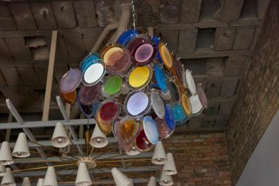 Vistosi 1 of 2 Large Multi Color Murano Glass Disk Chandelier Attributed to Vistosi