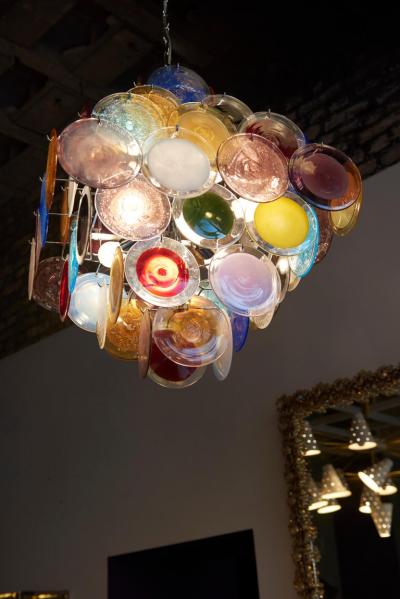 Vistosi 1 of 2 Large Multi Color Murano Glass Disk Chandelier Attributed to Vistosi