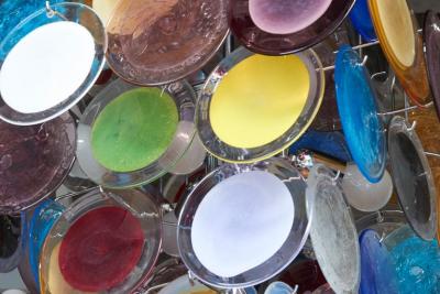 Vistosi 1 of 2 Large Multi Color Murano Glass Disk Chandelier Attributed to Vistosi