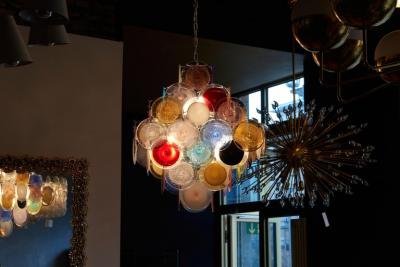Vistosi 1 of 2 Large Multi Color Murano Glass Disk Chandelier Attributed to Vistosi