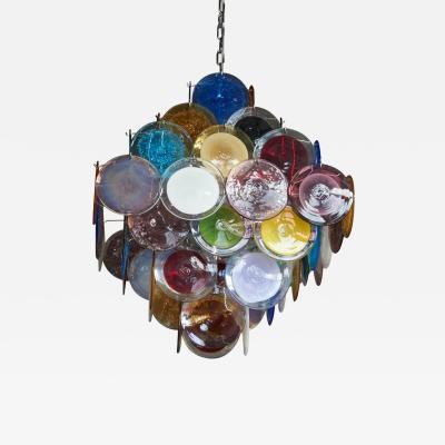  Vistosi 1 of 2 Large Multi Color Murano Glass Disk Chandelier Attributed to Vistosi