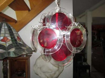  Vistosi Lovely Petite Vistosi Red Lucite Disk Chandelier Mid Century Modern