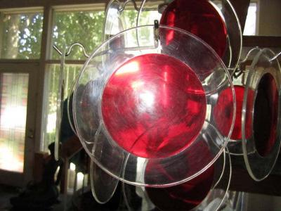  Vistosi Lovely Petite Vistosi Red Lucite Disk Chandelier Mid Century Modern
