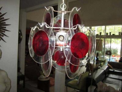  Vistosi Lovely Petite Vistosi Red Lucite Disk Chandelier Mid Century Modern