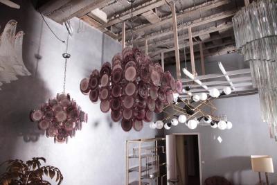  Vistosi Monumental Amethyst Color Murano Glass Disk Chandelier by Vistosi
