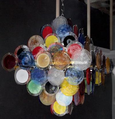  Vistosi Monumental Multi Color Murano Glass Disk Chandelier by Vistosi