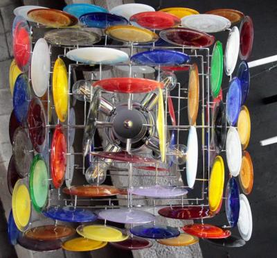  Vistosi Monumental Multi Color Murano Glass Disk Chandelier by Vistosi